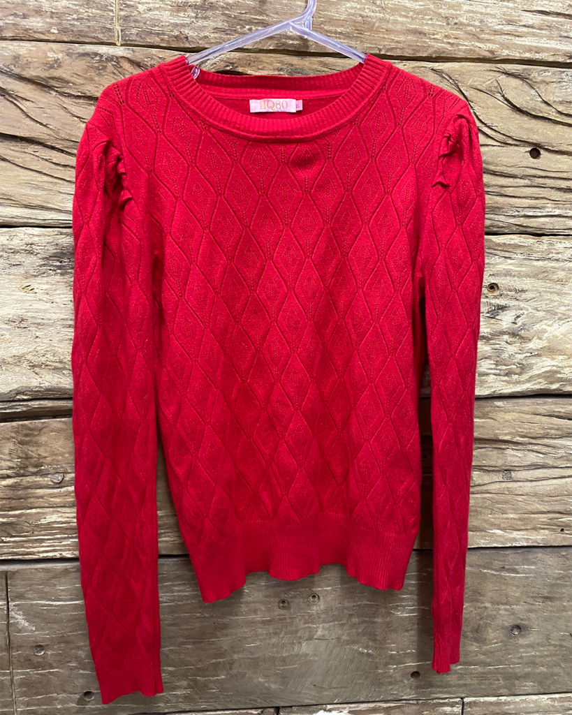 Suéter vermelho de tricô HQ80 tamanho P com trama geométrica em losangos