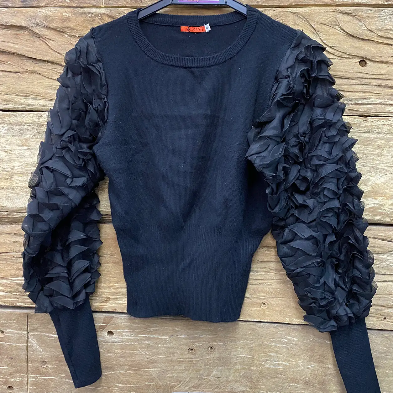Blusa Preta Vivi Fashion Manga Longa com Babados - Imagem 3