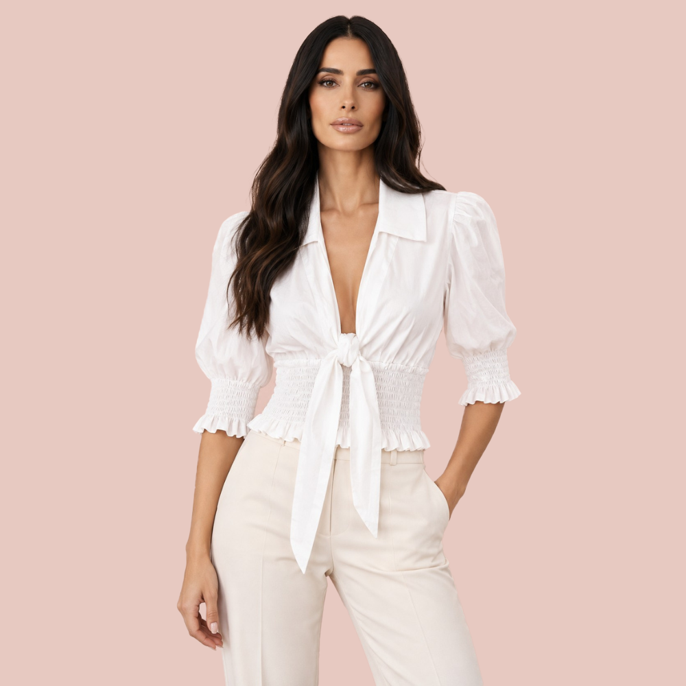 Camisa branca Lily Belle tamanho P com amarração frontal e mangas bufantes