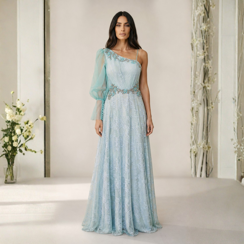 Vestido longo de festa Elizabeth Marques azul Tiffany com pedraria tamanho 42
