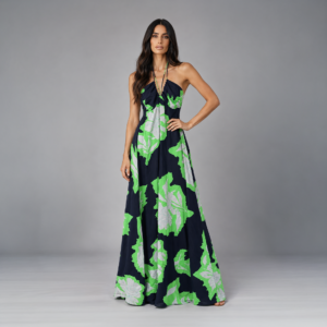 Vestido longo Morena Rosa tamanho P preto com estampa floral verde e cinza