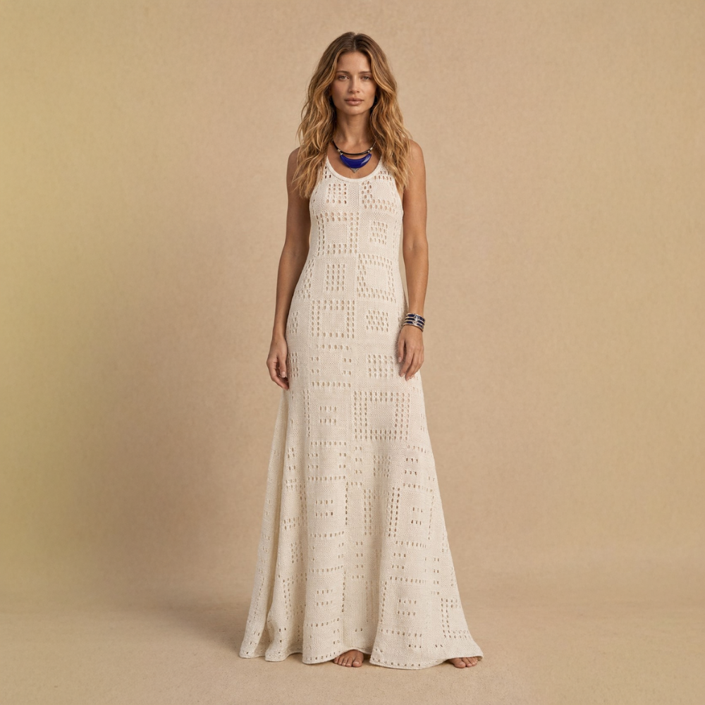 Vestido longo de tricô Casualli off white tamanho P com trama vazada estilo crochê