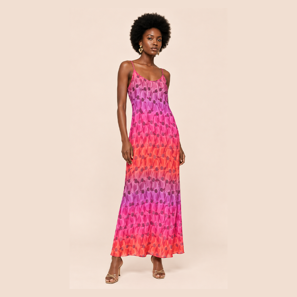 Vestido longo Mercatto tamanho M em viscose com estampa de cajus